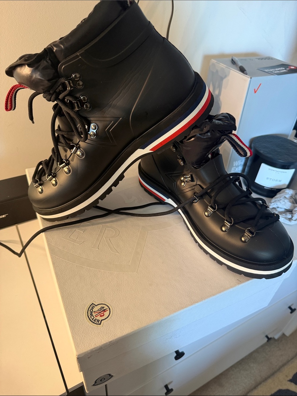 Moncler Black rubber Men's Henoc puffer Boots with Tricolor Trim - Picture 10 of 10